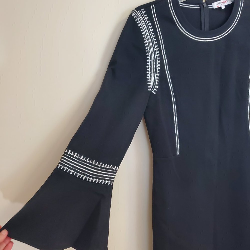 Kobi Halperin Dress Sz Small Bell Sleeve Stretch Knit Embroidered Above the Knee - Picture 4 of 7